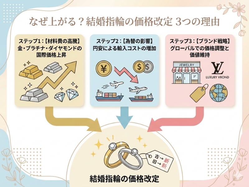 貴金属価格の高騰、円安、ブランド戦略が結婚指輪の価格改定に繋がる図解